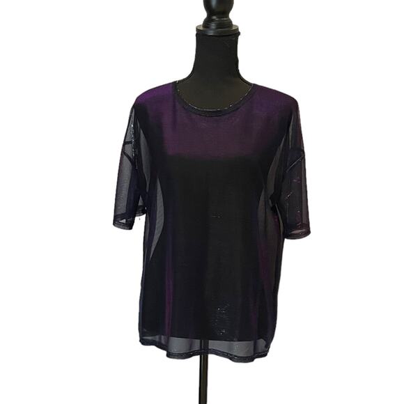 3/$15 Metallic Women's Crew Neck Sheer Top Blouse Large - Picture 1 of 8